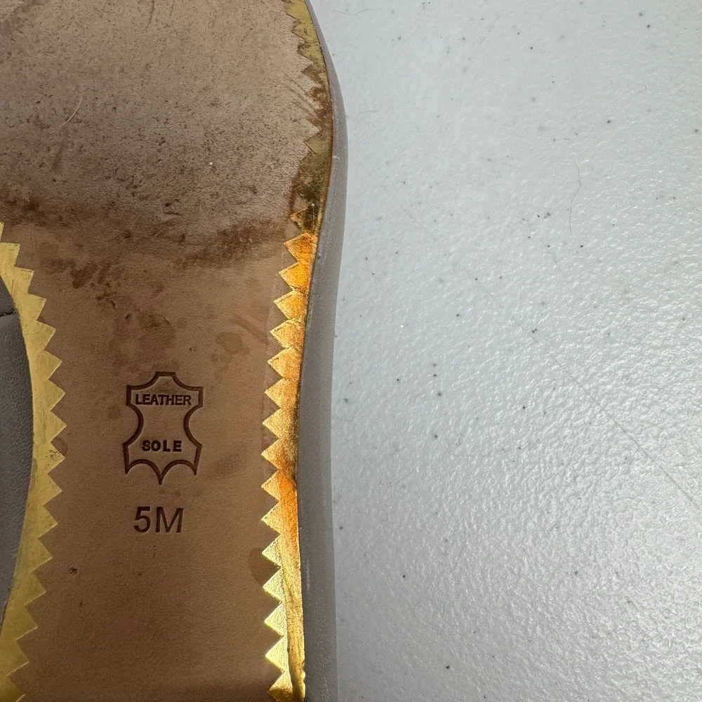 Tory Burch Ballet Flats French Gray Leather Round Toe Gold Logo Womens Sz 5M EUC
